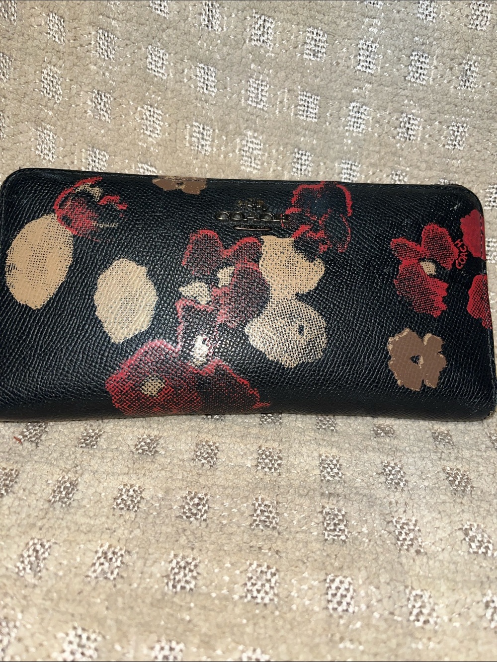 Coach Black Continental Wallet with Red and Tan Floral Print